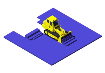 Yellow bulldozer pushing blue ground. Modern isometric construction vehicle illustration. Low poly style © Maksim Kostenko