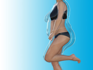 Conceptual fat overweight obese female vs slim fit healthy body after weight loss or diet with muscles thin young woman on blue. A fitness, nutrition or fatness obesity, health shape 3D illustration