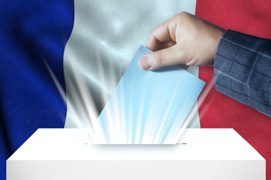 France - Voting On Ballot Box With National Flag Background 
