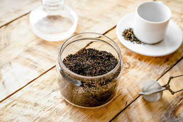 Tea set on the wooden table