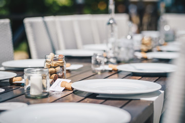 Table decoration for a special occasion - white plates and green plants. Eco/nature  friendly decotarion. 