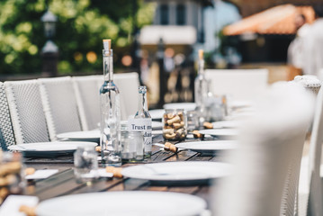 Table decoration for a special occasion - white plates and green plants. Eco/nature  friendly decotarion. 