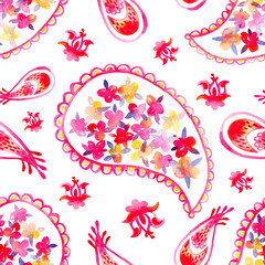 Hand drawn watercolor seamless pattern with paisley ornament