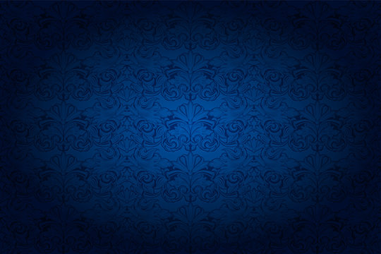 vintage horizontal background in dark blue ultramarine, with classic Baroque pattern, Rococo with darkened edges © Ксения Головина