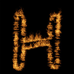 Hot fiery burning flame font made of blazing or raging orange yellow fire isolated on black background. 3D illustration of abstract grungy glowing hell or inferno danger concept energy design