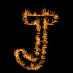 Hot fiery burning flame font made of blazing or raging orange yellow fire isolated on black background. 3D illustration of abstract grungy glowing hell or inferno danger concept energy design