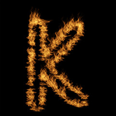 Hot fiery burning flame font made of blazing or raging orange yellow fire isolated on black background. 3D illustration of abstract grungy glowing hell or inferno danger concept energy design