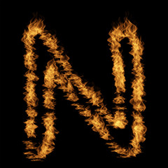 Fototapeta premium Hot fiery burning flame font made of blazing or raging orange yellow fire isolated on black background. 3D illustration of abstract grungy glowing hell or inferno danger concept energy design