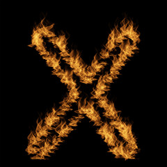 Hot fiery burning flame font made of blazing or raging orange yellow fire isolated on black background. 3D illustration of abstract grungy glowing hell or inferno danger concept energy design