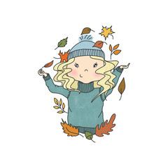 Blonde Hair Hair Girl With Autumn Leaves Isolated On A White Background Hand Drawn Illustration 