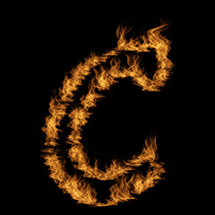 Hot fiery burning flame font made of blazing or raging orange yellow fire isolated on black background. 3D illustration of abstract grungy glowing hell or inferno danger concept energy design