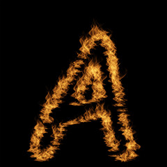 Hot fiery burning flame font made of blazing or raging orange yellow fire isolated on black background. 3D illustration of abstract grungy glowing hell or inferno danger concept energy design