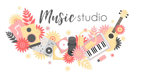 Logo or signboard with flowers, musical instruments and DJ console for music studio