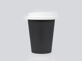 Black cardboard take away cup for hot beverage with white lid isolated on a white background