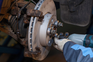 The man is repairing the disc brake