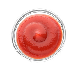 Bowl with delicious tomato sauce on white background