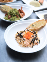 Close up Spaghetti dish on table.