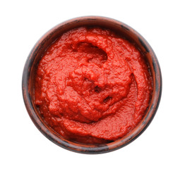 Bowl with delicious tomato sauce on white background