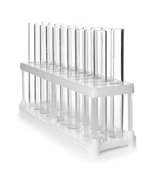 Test tubes in stand on white background