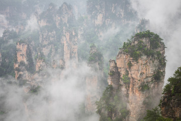 Zhangjiajie Forest Park. Gigantic pillar mountains rising from the canyon. Hunan province, China.