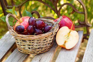 juicy fresh fruit in the basket are on the table