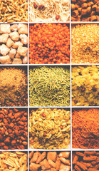 Indian Tea-time snacks like sev, chivda, farsan, mixture, boondi, bakarwadi etc served in white wooden box with cells. selective focus