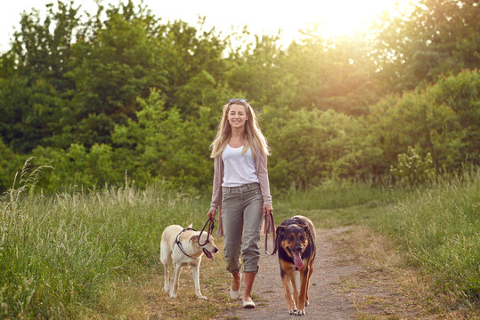 Junge Frau geht mit ihren Hunden spazieren