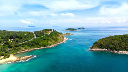 Promthep Cape Top view Phuket, Thailand. Aerial view from drone camera .