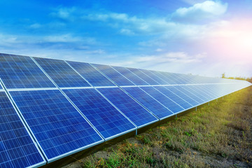 Solar panels, photovoltaic, alternative source environmentally friendly energy. In the backlight sunbeam light.