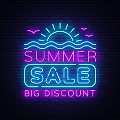 Summer Sales Neon Banner Vector. Bright Neon Advertising of Summer Discounts, Design Template, Light Banner, Bright Advertising Brochure. Vector illustration