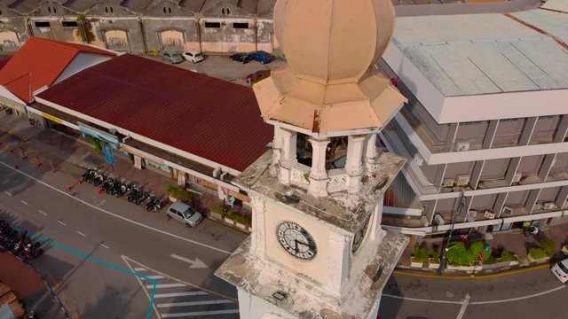 aerial shot of the Victoria Memorial Clock Tower, Georgetown, Penang, Malaysia