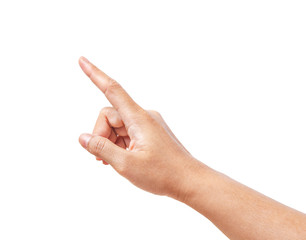 Hand pointing, touching or pressing isolated on white. Caucasian female.