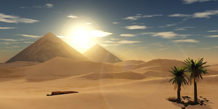 Pyramids at sunset, sandy desert with palm trees,
3D rendering