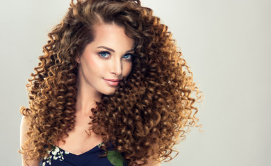 Brunette  girl with long  and   shiny curly  hair .  Beautiful  model woman  with wavy hairstyle
