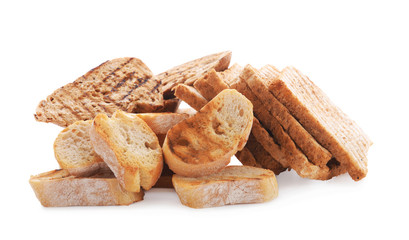 Tasty toasted bread on white background