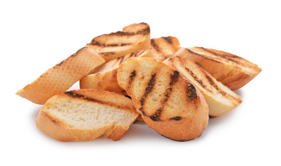 Burnt toasted bread on white background