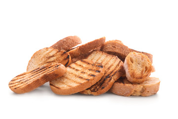 Tasty toasted bread on white background