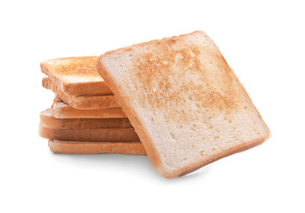 Tasty toasted bread on white background