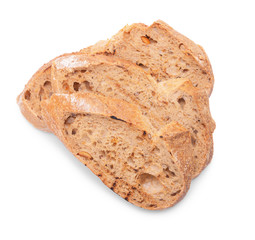 Tasty toasted bread on white background, top view