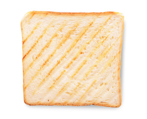 Tasty toasted bread on white background, top view