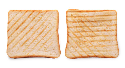 Tasty toasted bread on white background, top view
