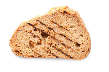 Tasty toasted bread on white background, top view