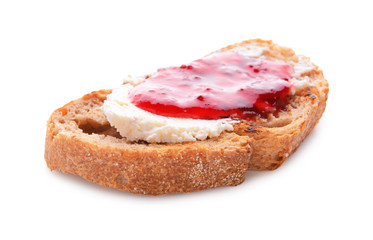 Toasted bread with cream cheese and jam on white background