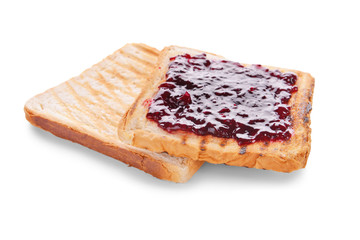 Toasted bread with jam on white background