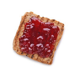 Toasted bread with jam on white background, top view
