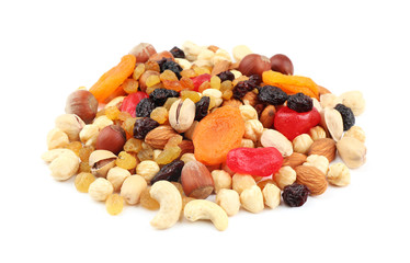 Different nuts, dried fruits and berries on white background
