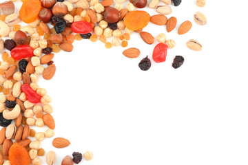 Different nuts, dried fruits and berries on white background, top view