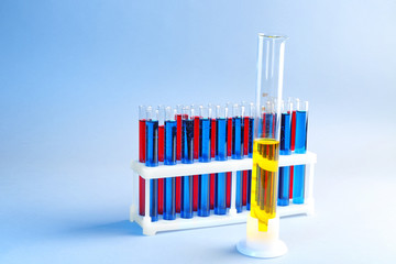 Test tubes with different liquids on color background