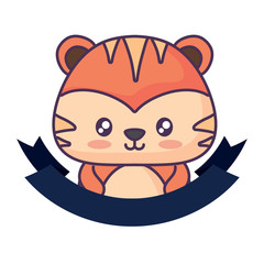 decorative ribbon and cute tiger icon over white background, vector illustration