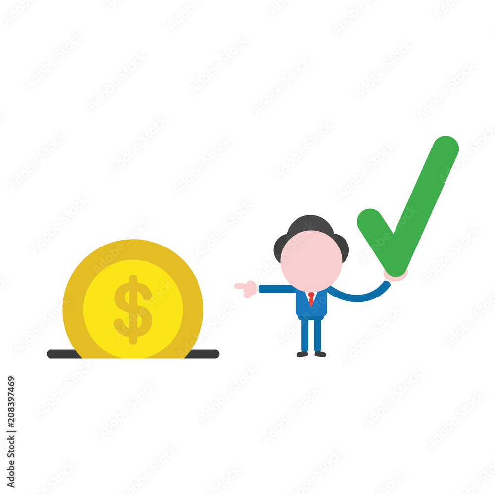 Poster vector businessman character holding check mark and pointing dollar coin into moneybox